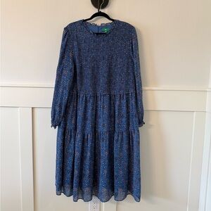 Dip Blue Smocked Tiered Dress with Bishop Sleeves